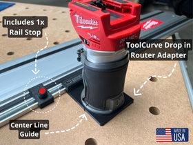 ToolCurve guide rail adapter enables straight cuts with Milwaukee router on a guide rail.