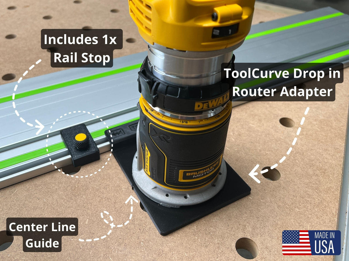 ToolCurve router attachment fits Dewalt cordless and corded routers for secure compatibility.