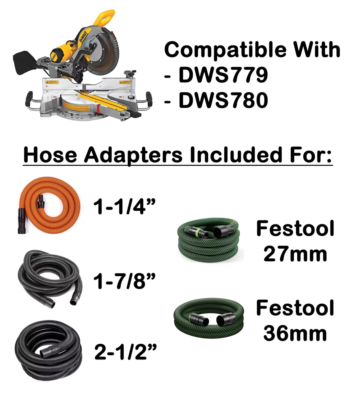 Tooldapt hose adapters compatible with common vacuums for DeWalt saws