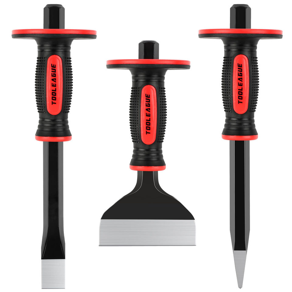 TOOLEAGUE masonry chisel set front view, rugged forged steel for heavy-duty masonry work
