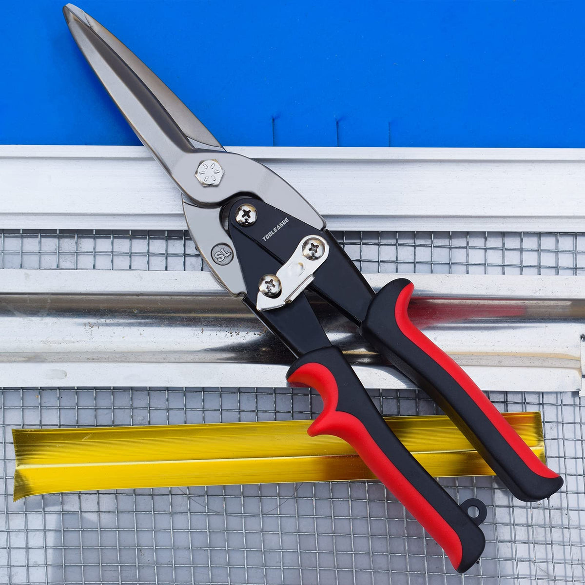 TOOLEAGUE tin snips with safety lock and anti-slip grip for comfort.