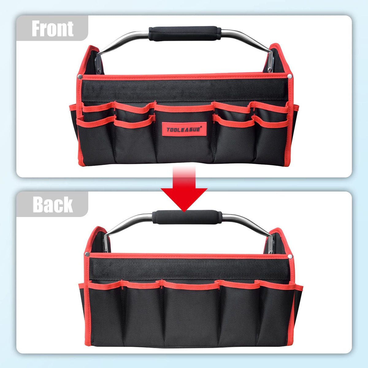 TOOLEAGUE tool bag top-opening zipper for easy one-handed access.