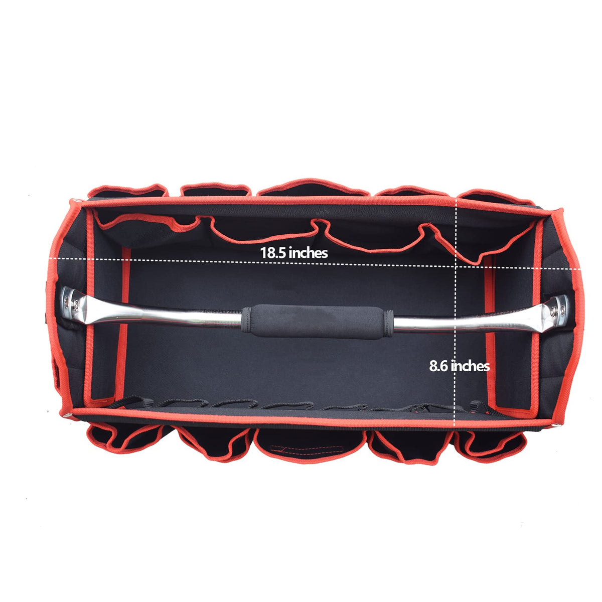 TOOLEAGUE tool bag wide-mouth opening for fast tool pickup and organization.