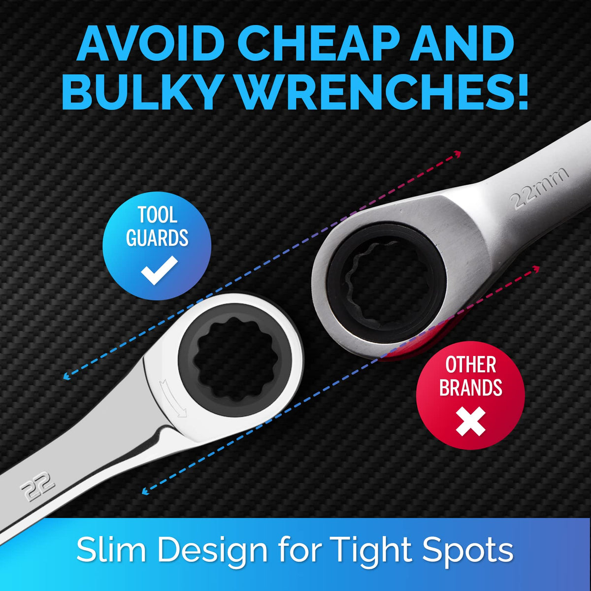 TOOLGUARDS ratcheting wrench in durable alloy steel for long-lasting use.