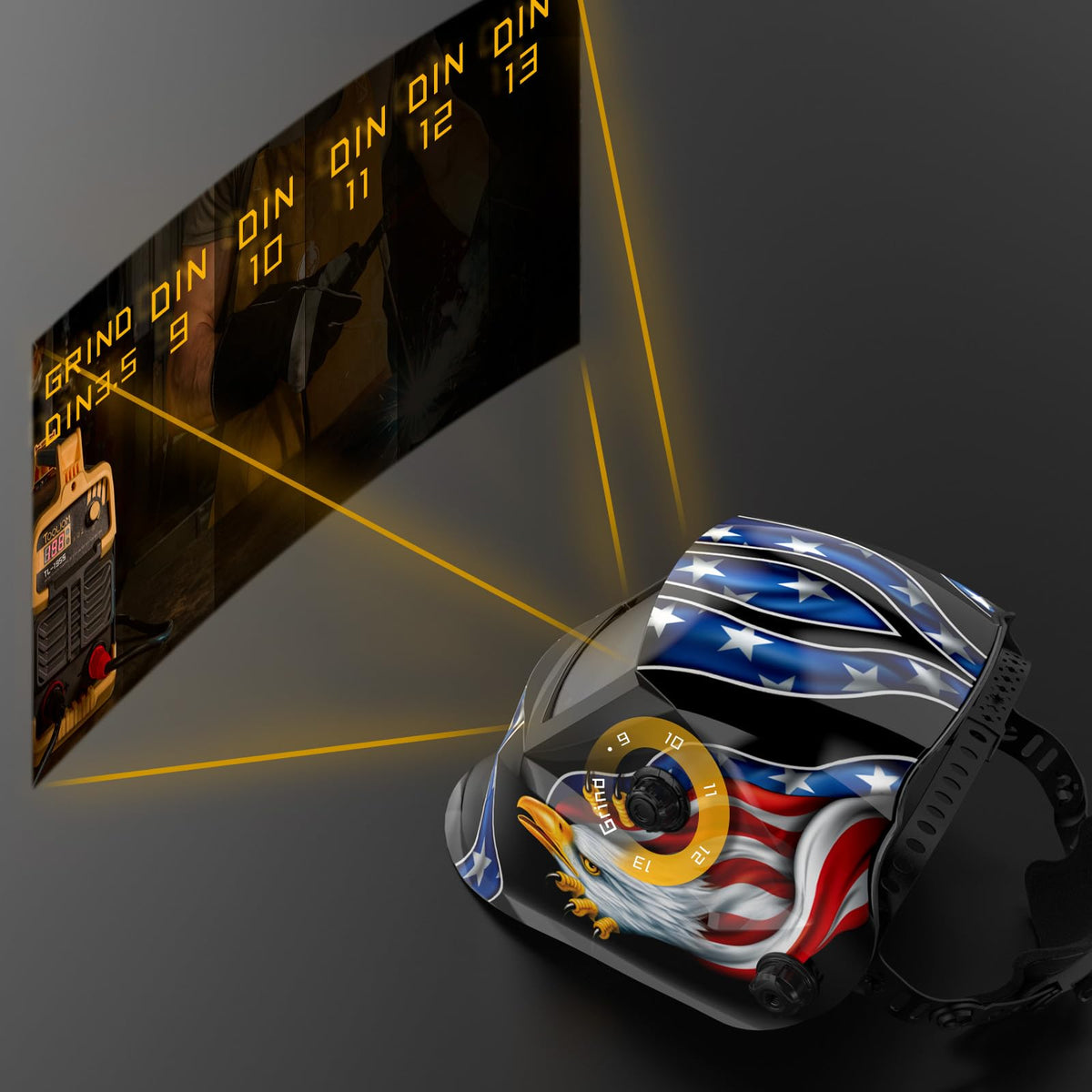 TOOLIOM auto-darkening lens enables quick shade changes during arc starts for eye protection