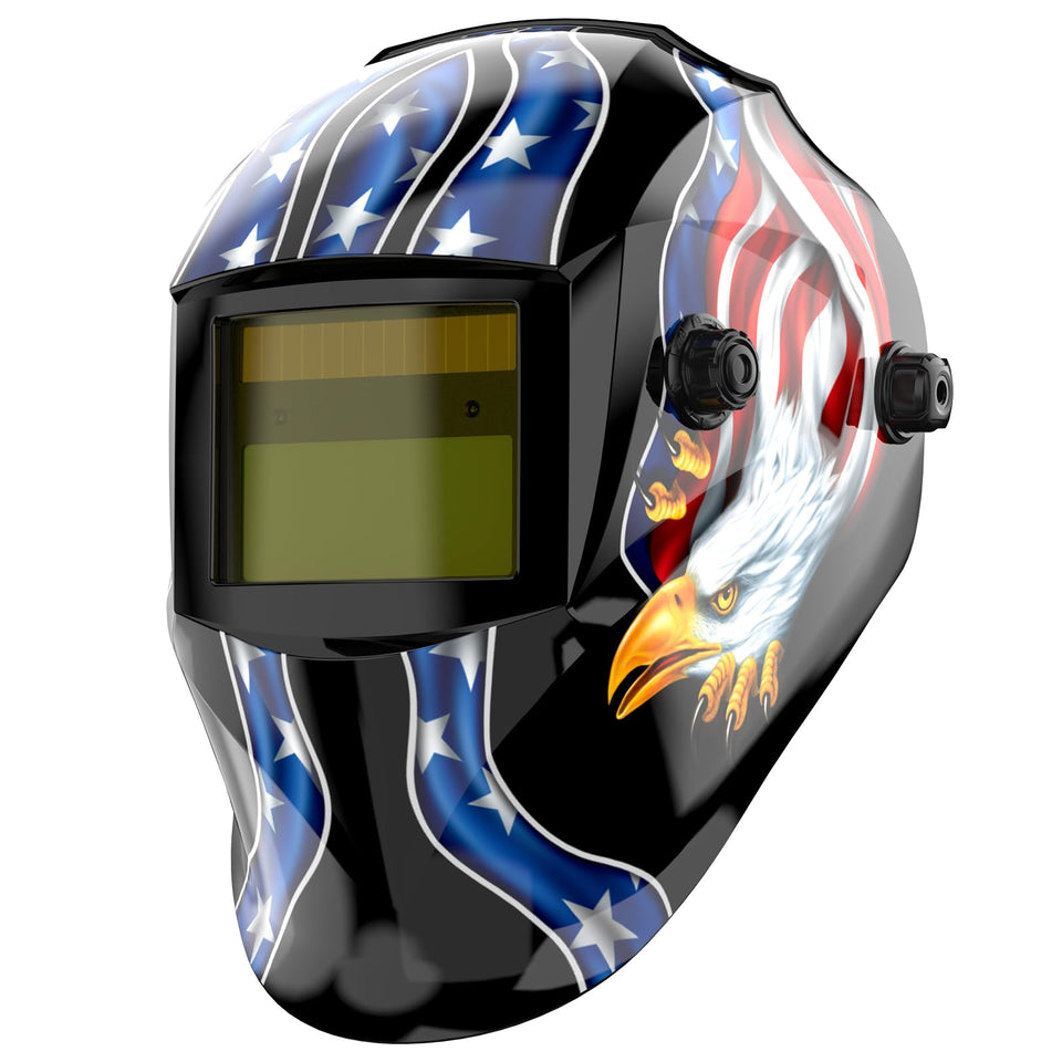 TOOLIOM solar-powered welding helmet outer view enhances visibility for precise alignment and visibility