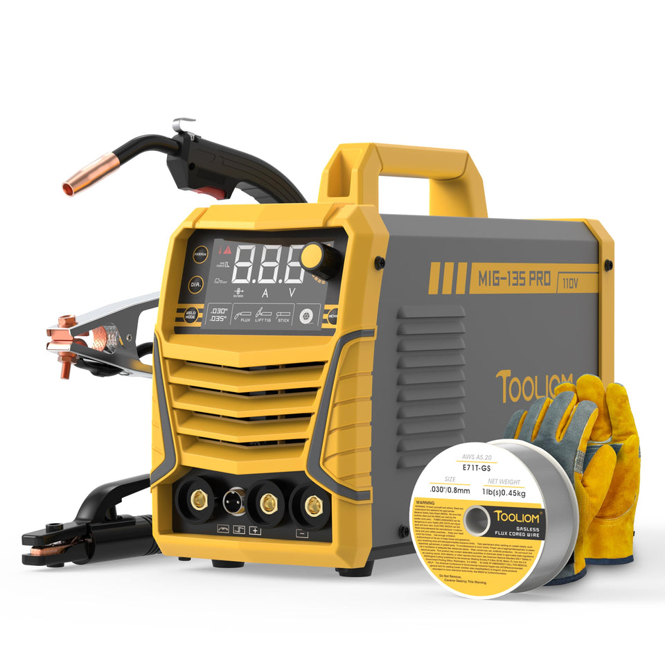 TOOLIOM 135A gasless MIG welder front view in a compact shop setup for easy handling