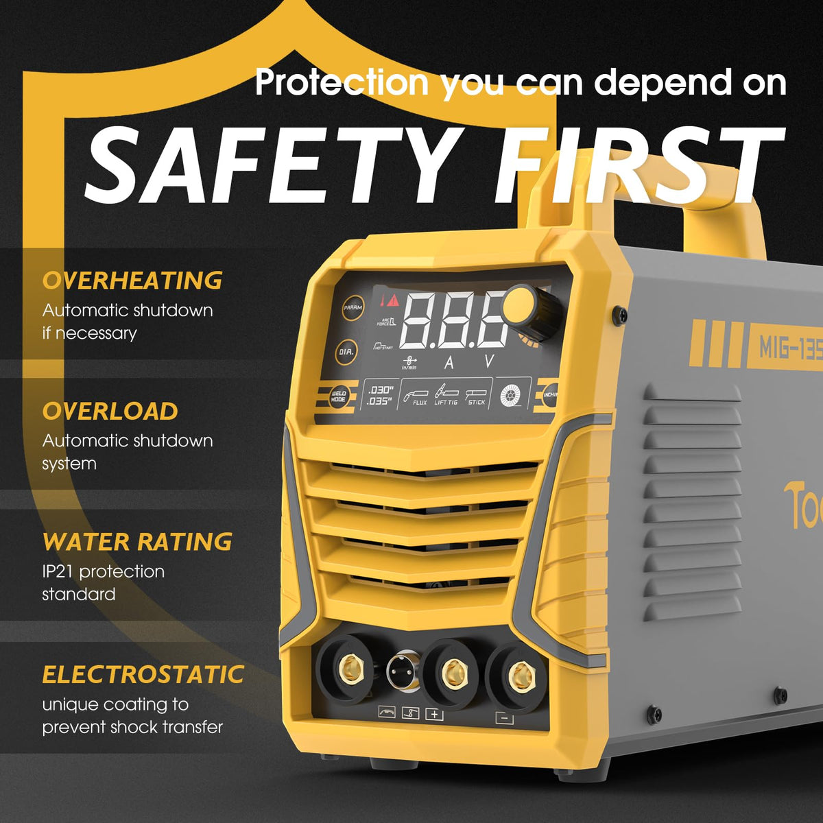 TOOLIOM 135A stick-welding setup suitable for robust joints