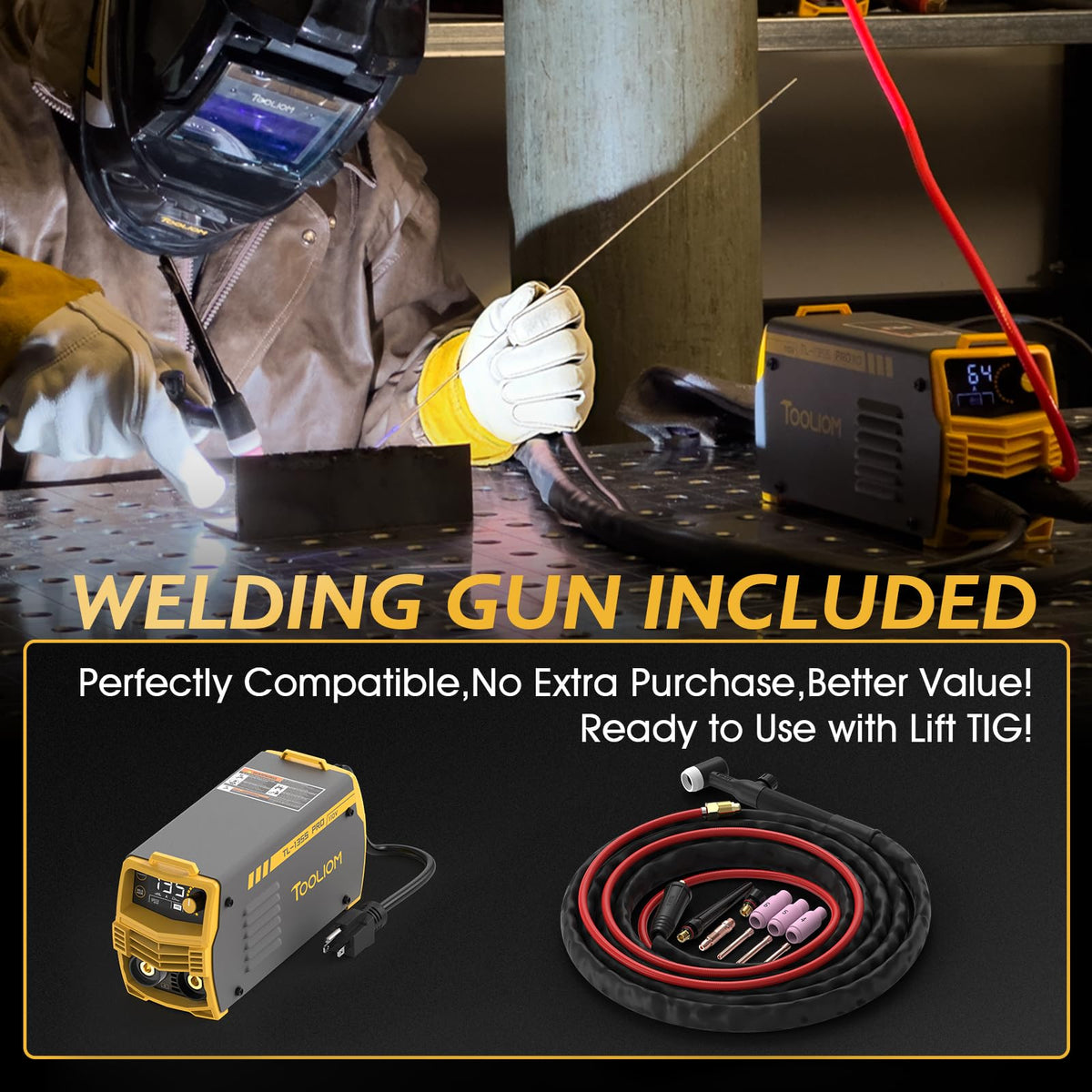 TOOLIOM 135A welder with lift TIG torch for precise fusion on metals.