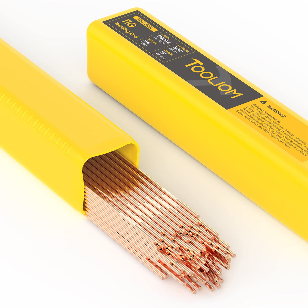 TOOLIOM ER70S-6 copper-coated TIG rod packaging highlighting a 5 lb package for versatile welding projects.