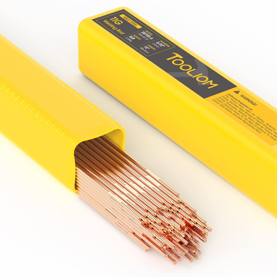 TOOLIOM ER70S-6 copper-coated TIG rod packaging highlighting a 5 lb package for versatile welding projects.