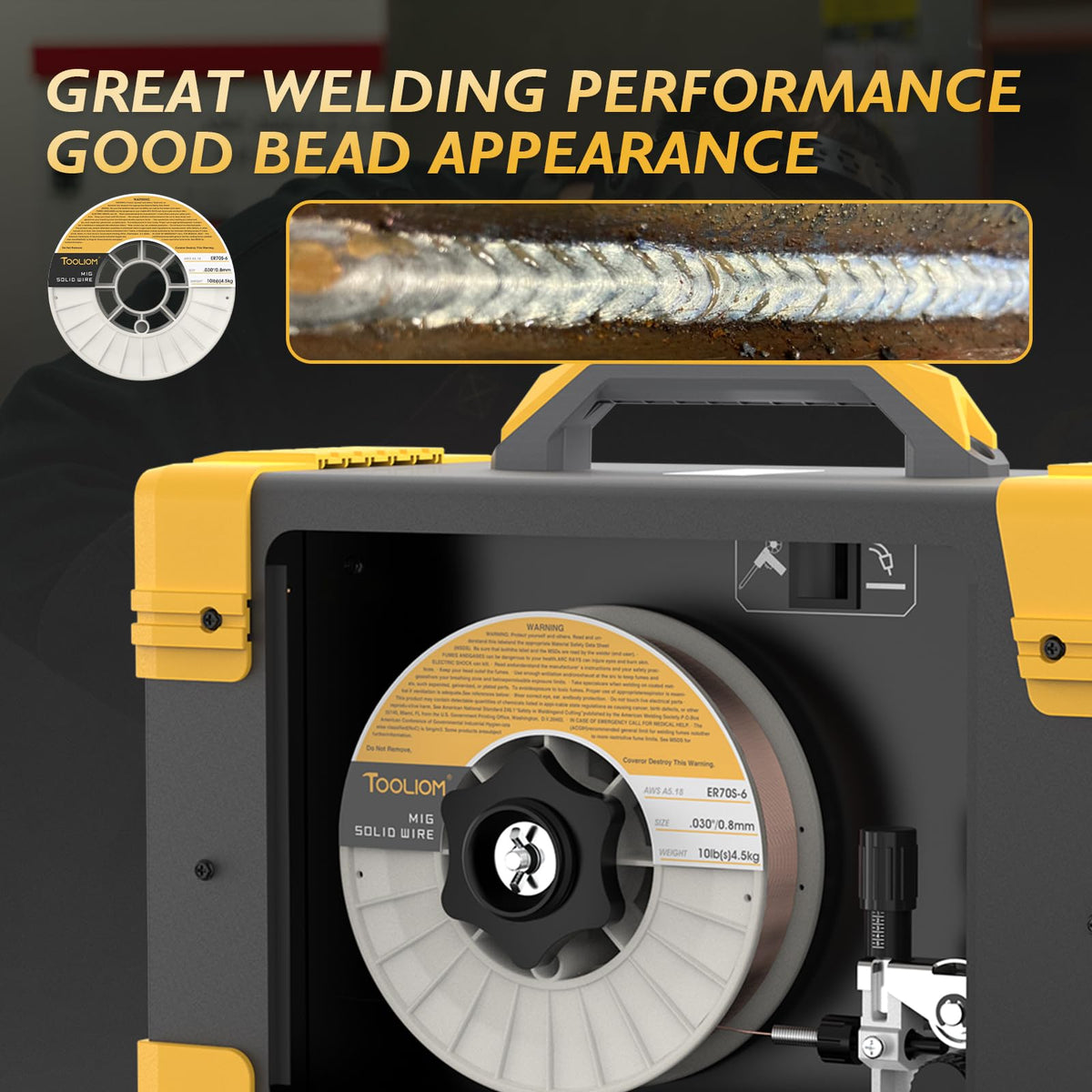 TOOLIOM ER70S-6 MIG spool in rugged ABS housing for reliable feeding