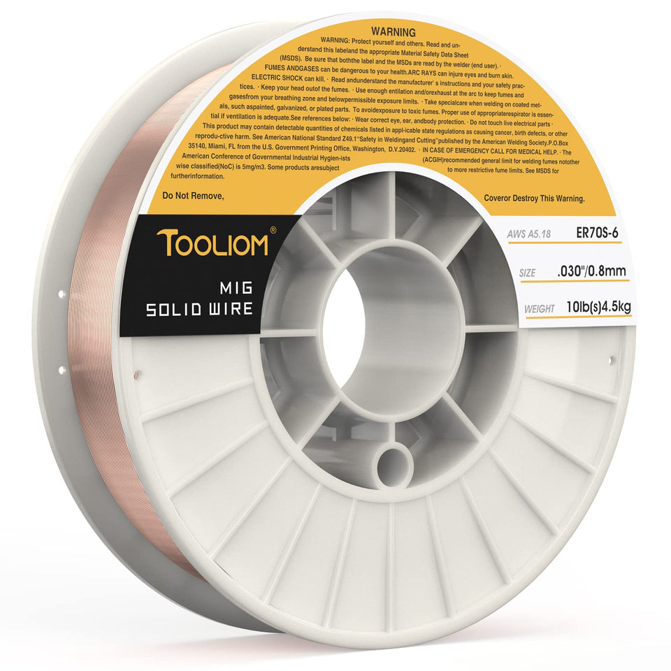 TOOLIOM ER70S-6 MIG wire spool closeup showing smooth feed potential