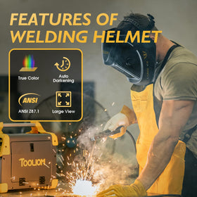 TOOLIOM welding mode with shades 9-13 for TIG/MIG/STICK tasks.