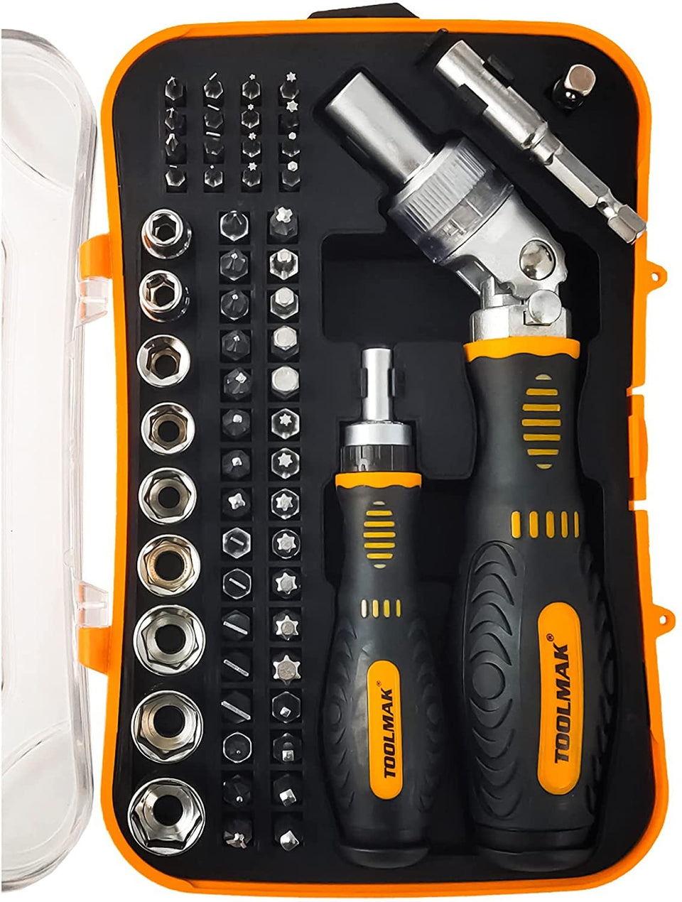 TOOLMAK 61pc ratchet screwdriver set in case for organized storage and quick access.