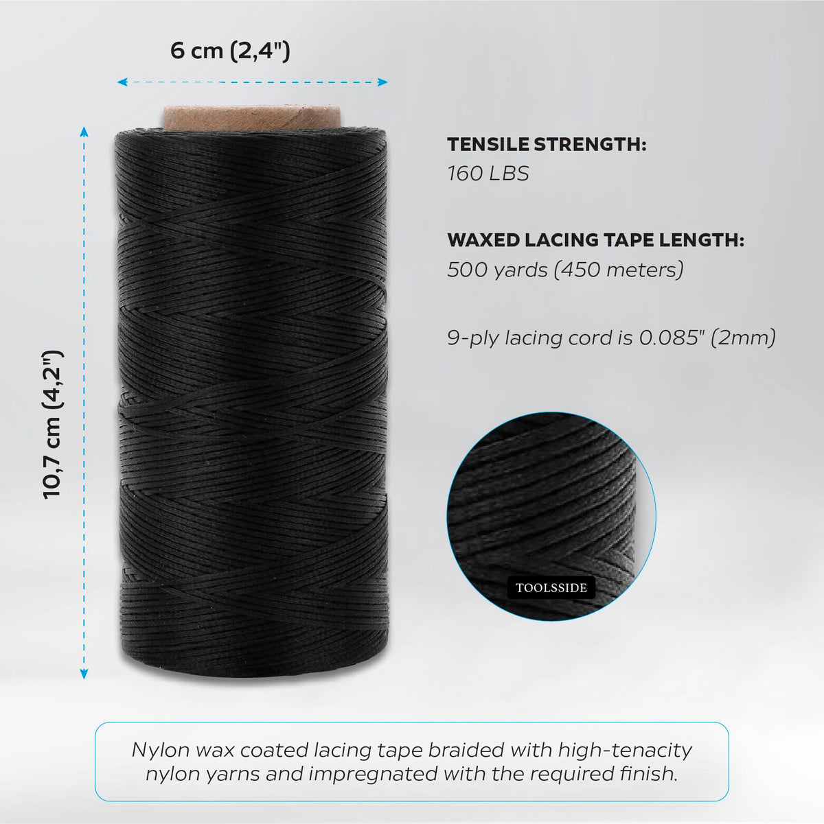 TOOLSSIDE 9-ply black waxed cord ready for marine and outdoor use