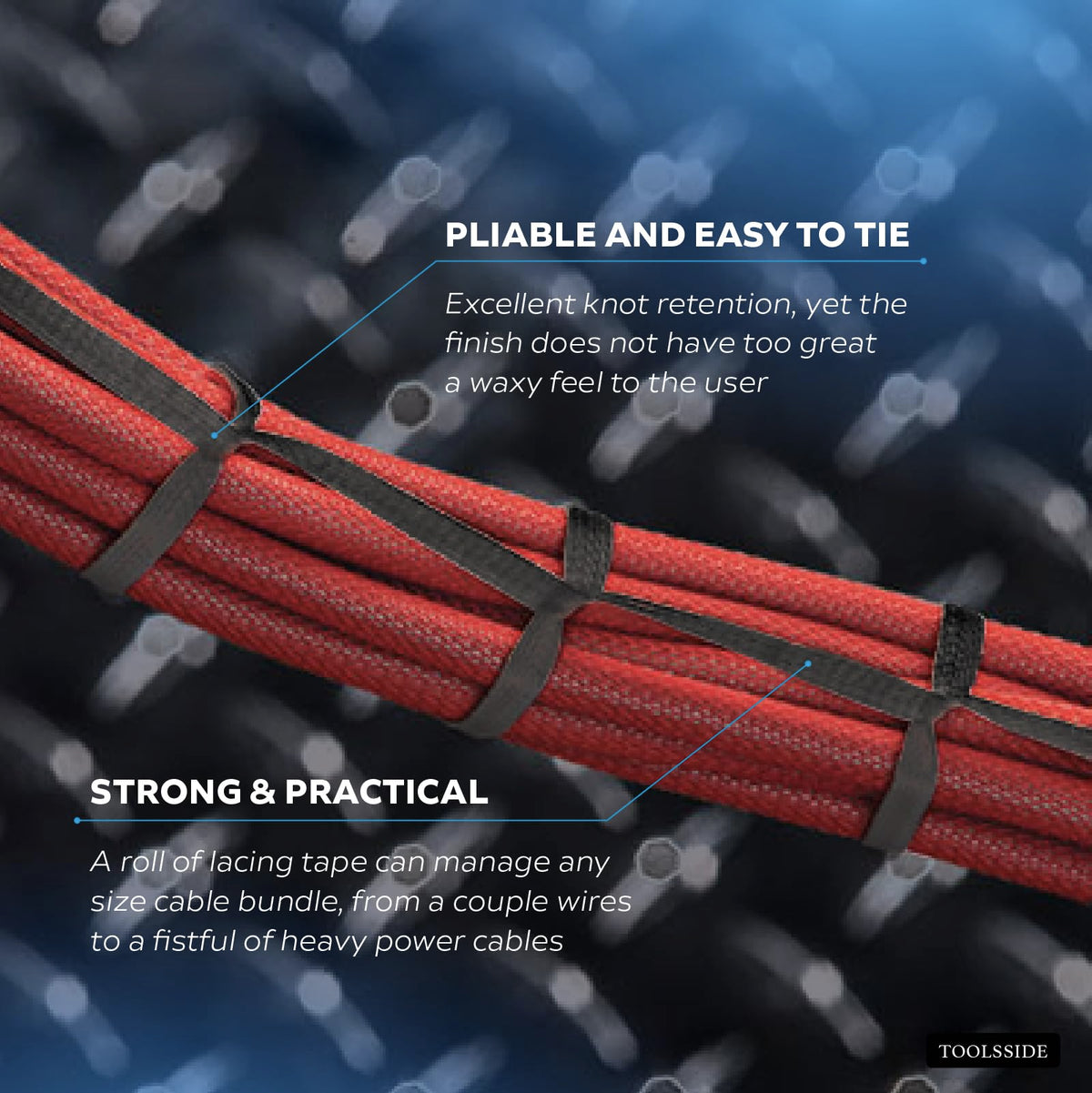 TOOLSSIDE strong black twine secures cables and labels with smooth handling
