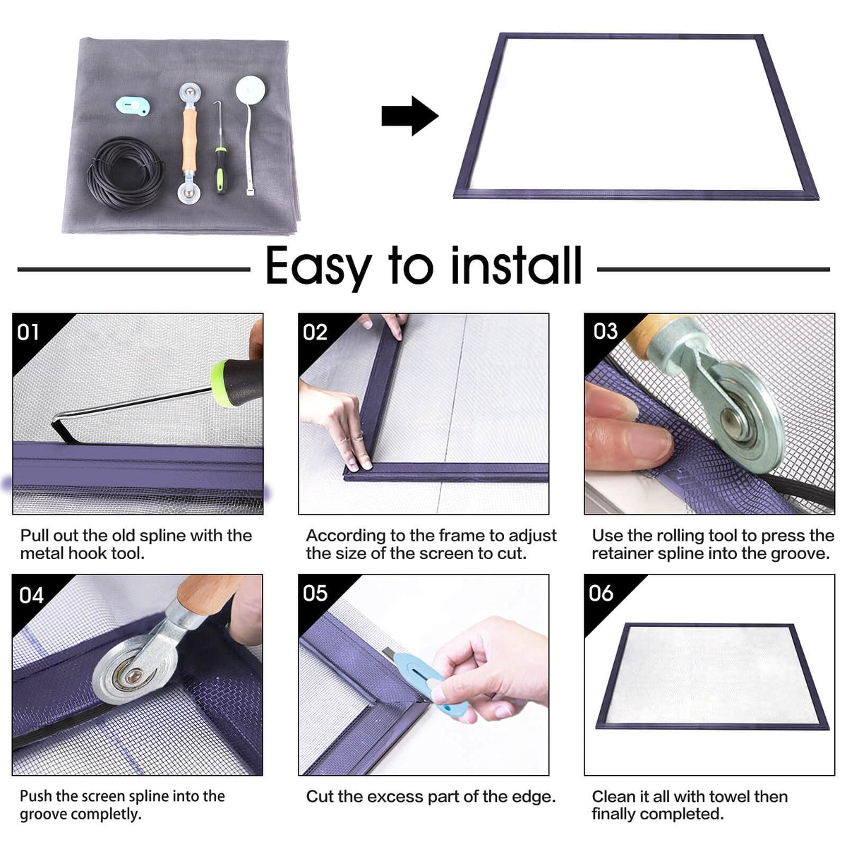 TOOLTRIZ Window Screen Repair Kit spline elastic-press for secure installation.