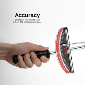 Tooluxe 03703L scale readout shows 0-150 ft-lbs for quick checks.