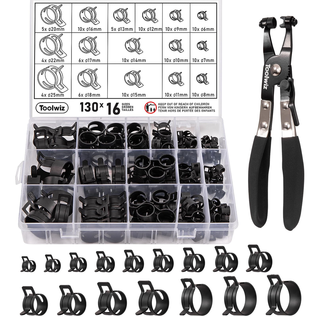 Toolwiz 130Pcs hose clamp set in a sturdy box illustrates broad size range.
