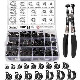 Toolwiz 130Pcs hose clamp set in a sturdy box illustrates broad size range.