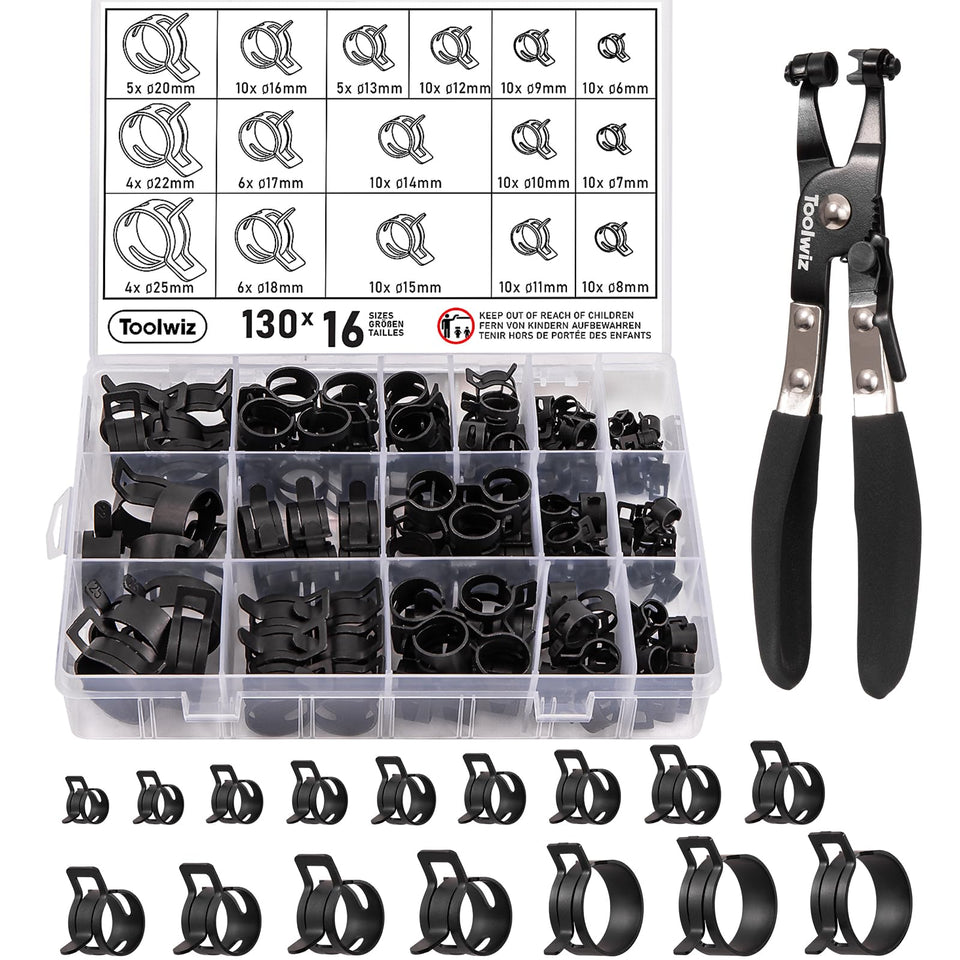 Toolwiz 130Pcs hose clamp set in a sturdy box illustrates broad size range.