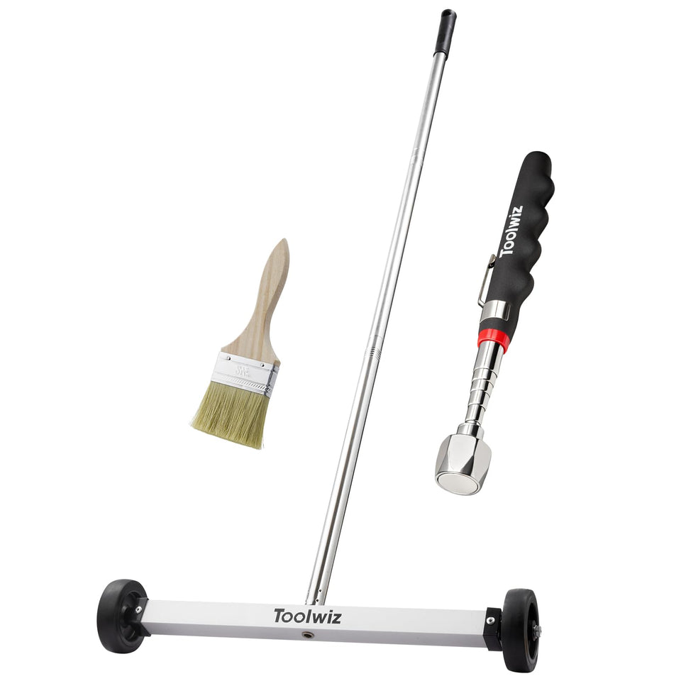 Toolwiz 17-inch rolling magnetic sweeper gliding on concrete to collect metal debris.