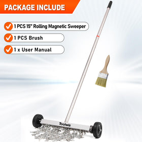 Toolwiz sweeper cleaning metal debris from grass and dirt outdoors.