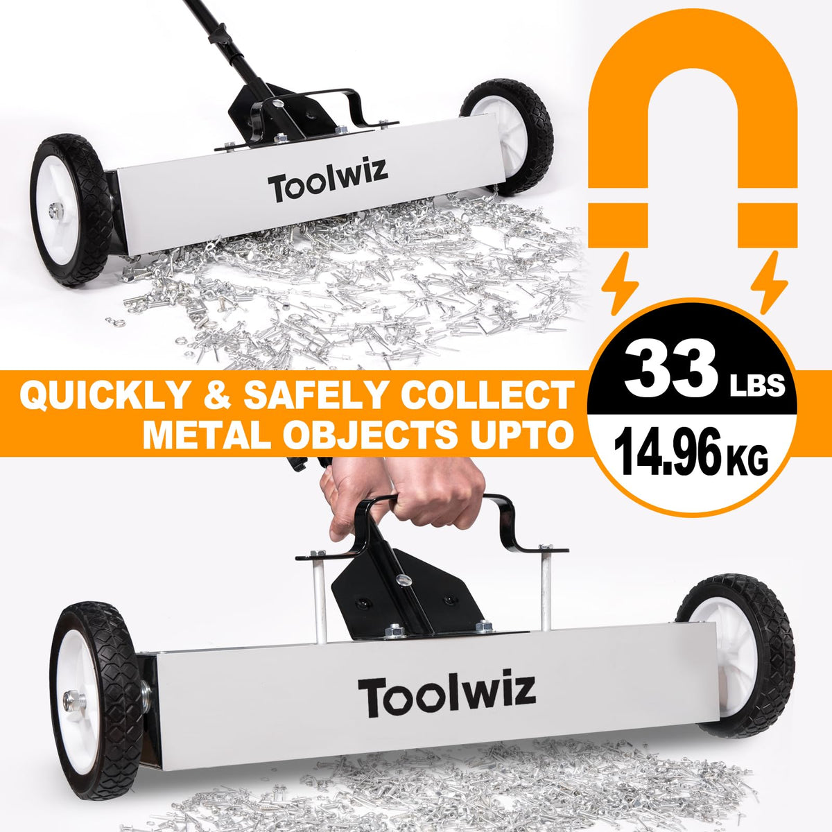 Toolwiz Magnetic Pickup Sweeper quick-release latch for easy debris disposal.