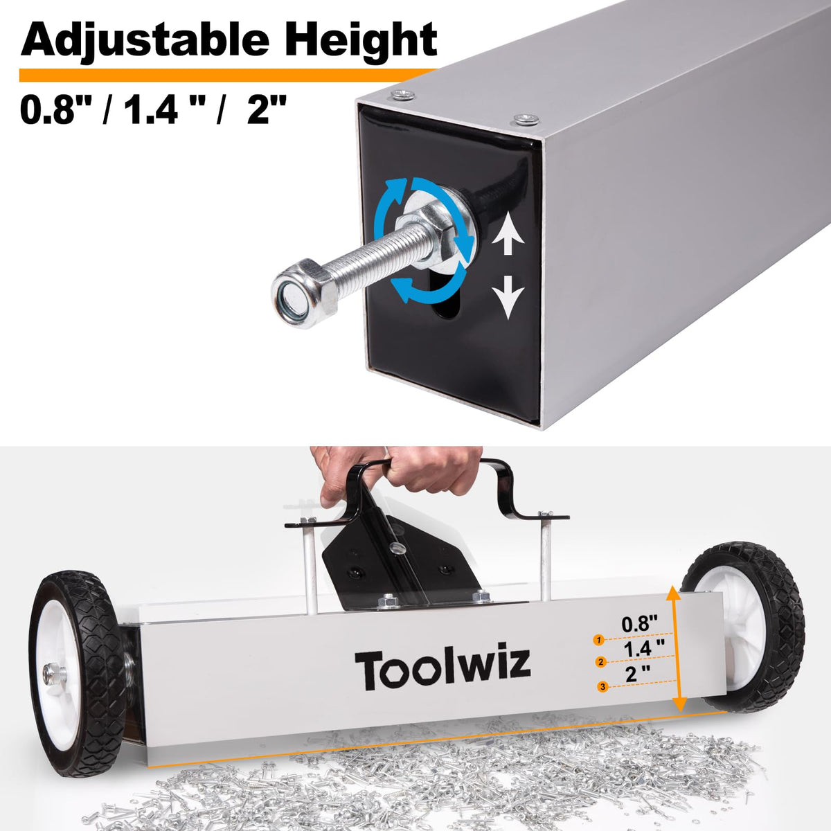 Toolwiz Magnetic Pickup Sweeper rolling smoothly on grass and carpet.
