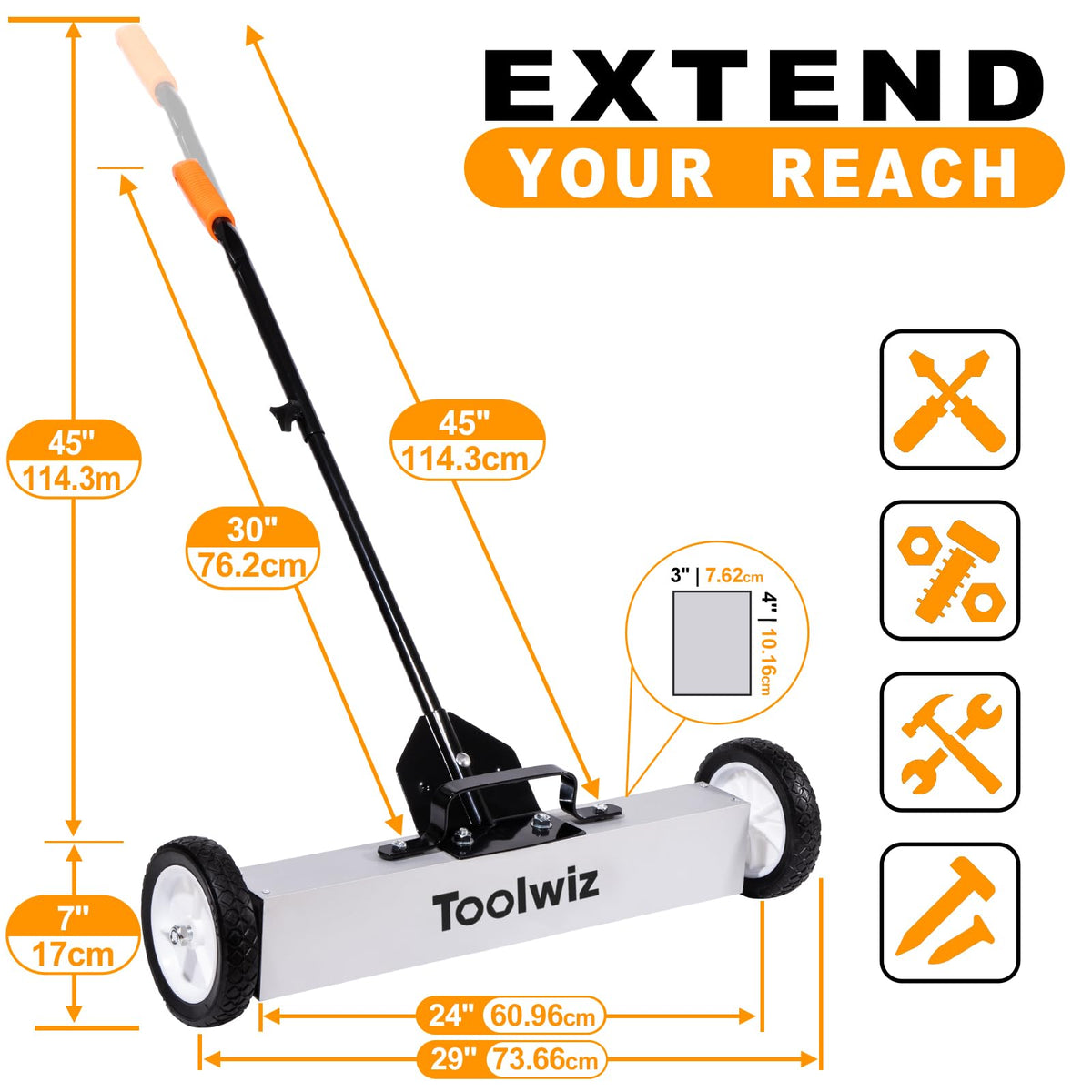 Toolwiz Magnetic Pickup Sweeper telescoping holder extended for hard-to-reach areas.