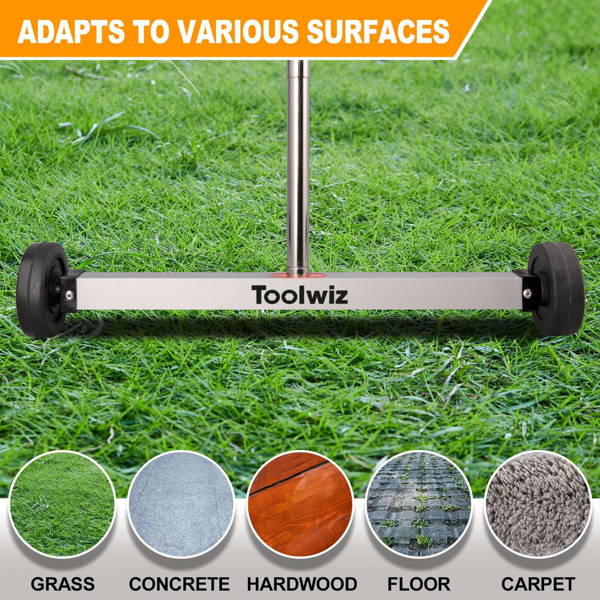 Toolwiz sweeper with wheels 3-inch rolling on concrete.