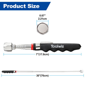 Toolwiz magnetic sweeper captures nails and bolts from a garage floor.