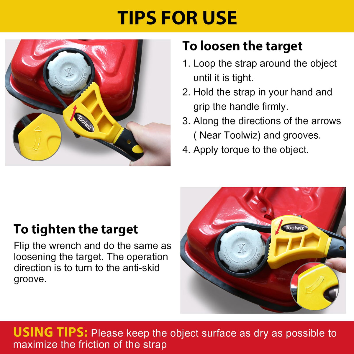 Toolwiz Rubber Strap Wrench instructions-diagram – clear steps for proper use.