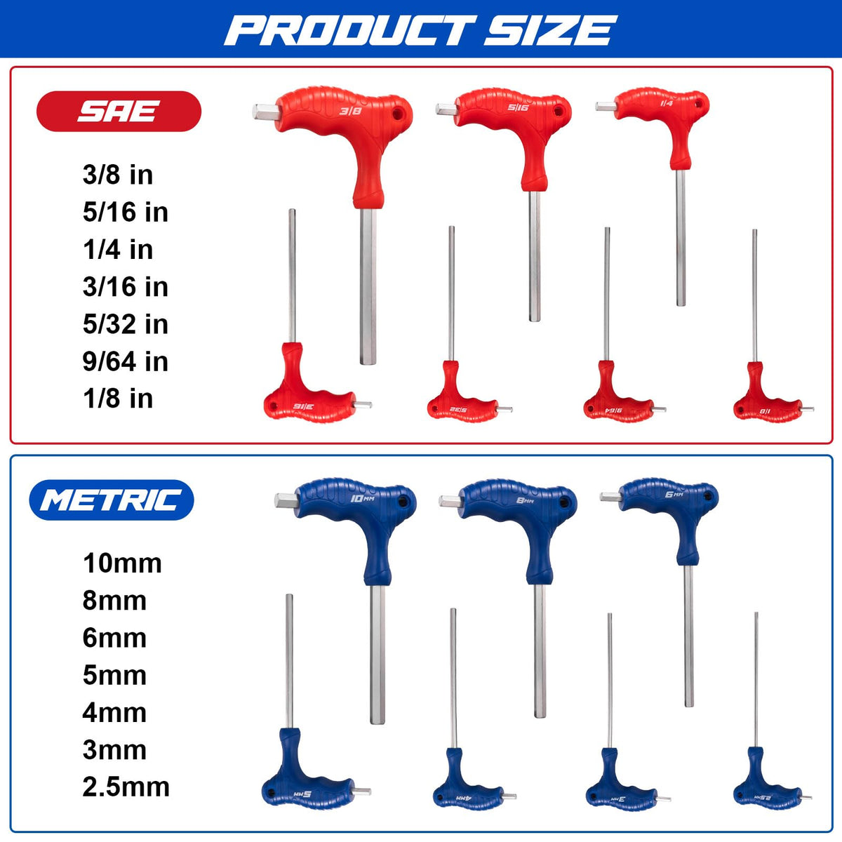 Toolwiz SAE and Metric size guide shows full range from 1/8 inch to 10 mm.