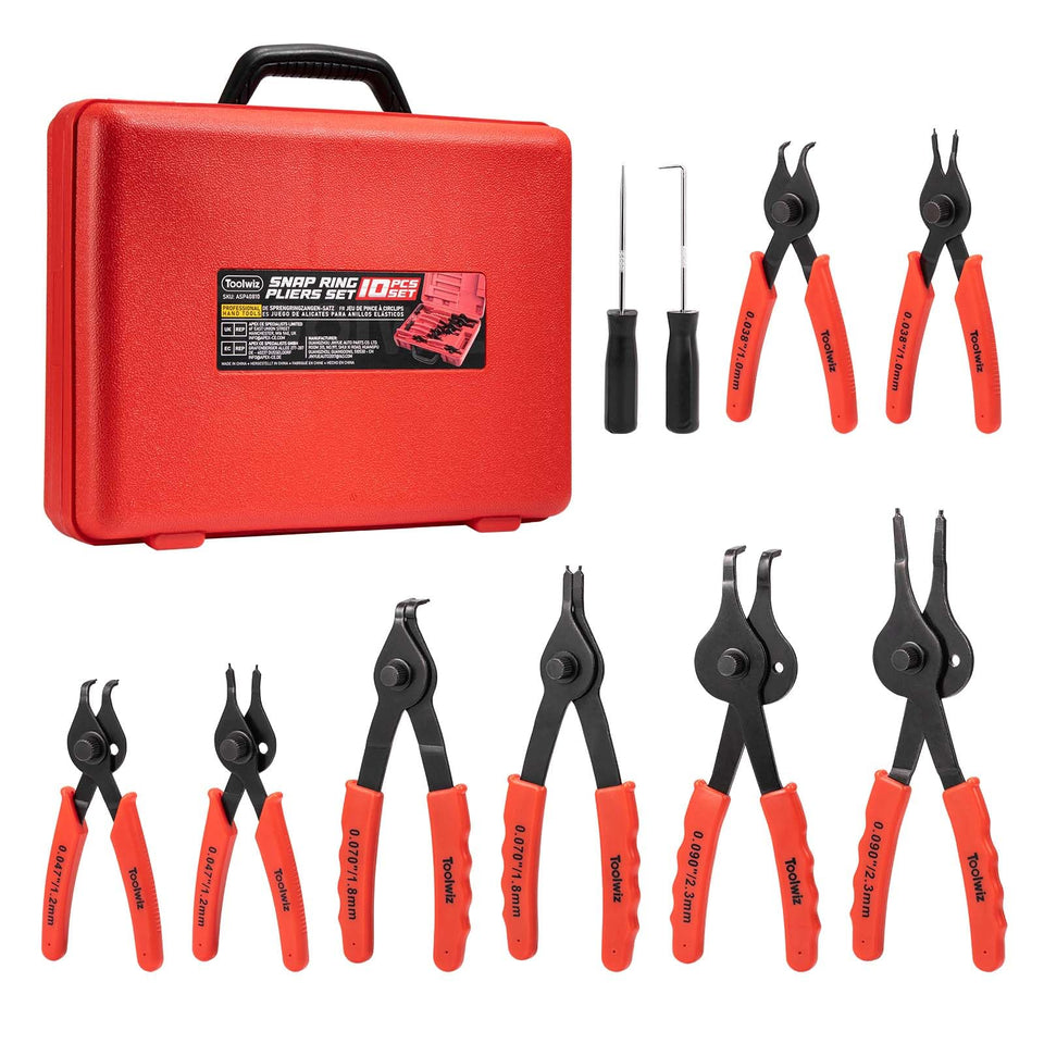 Toolwiz Snap Ring Pliers Set with 10 pieces for versatile ring installation and removal.