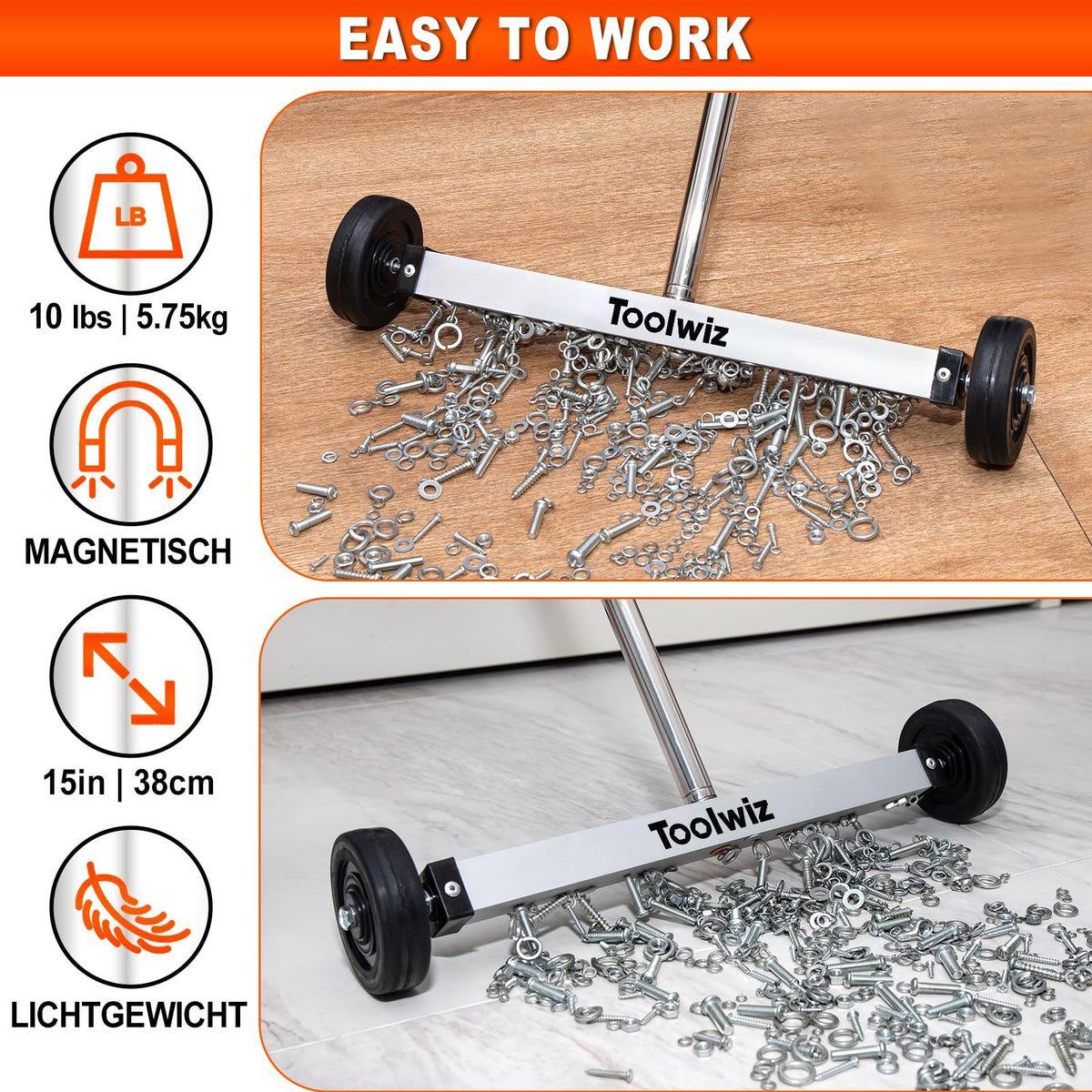 Toolwiz sweeping under tables to pick up metal pieces.