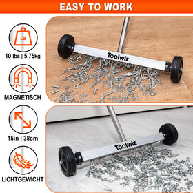 Toolwiz sweeping under tables to pick up metal pieces.