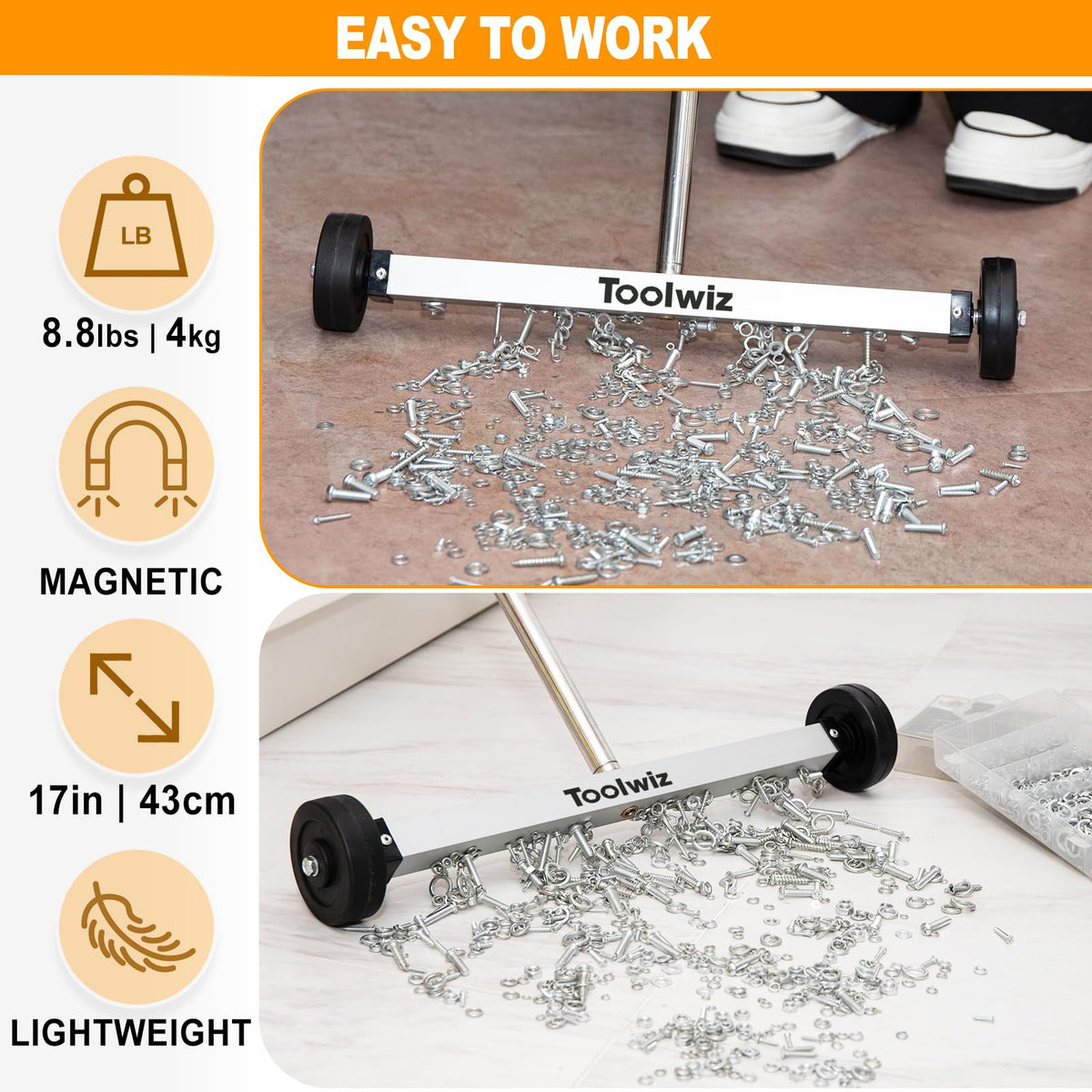Toolwiz workshop and garage cleanup using the magnetic sweeper