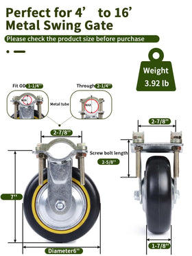 TOOPTATE gate wheels show anti-slip pad for secure movement on uneven surfaces.