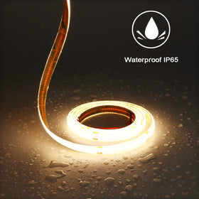 TOPAI 12V COB LED strip lighting over mirror provides clear, shadow-free room lighting.