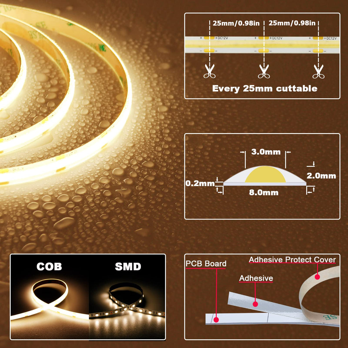 TOPAI 12V COB LED strip lighting for staircase use with warm glow.