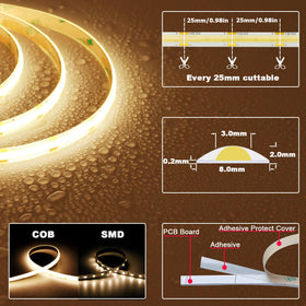 TOPAI 12V COB LED strip lighting for staircase use with warm glow.