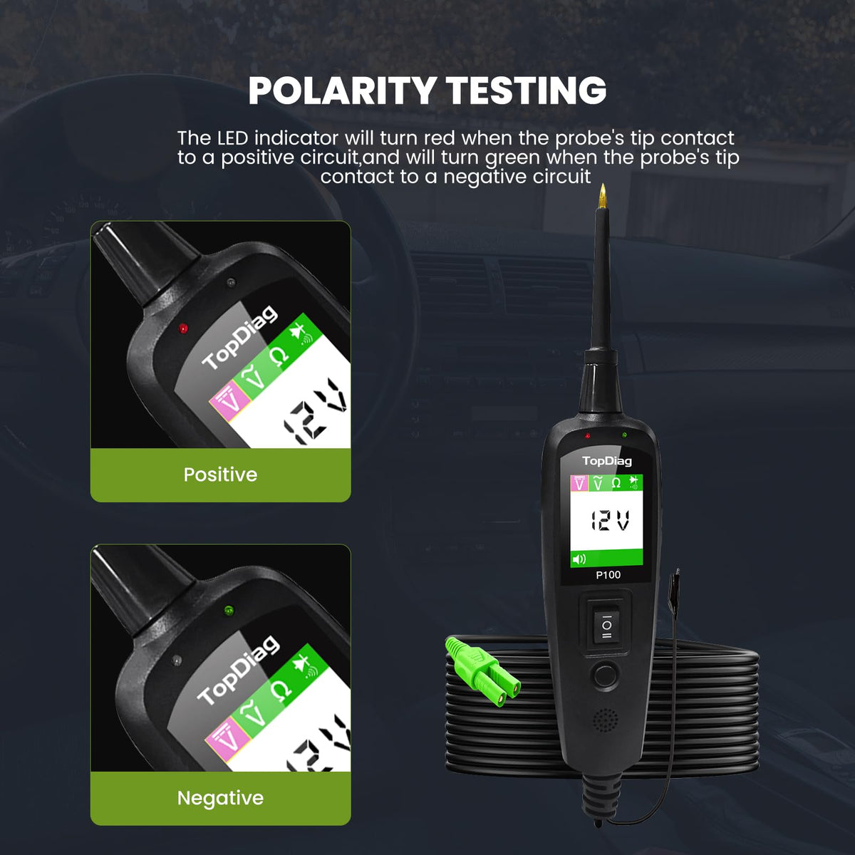 Topdiag P100 components activation function tests continuity, ground, and polarity