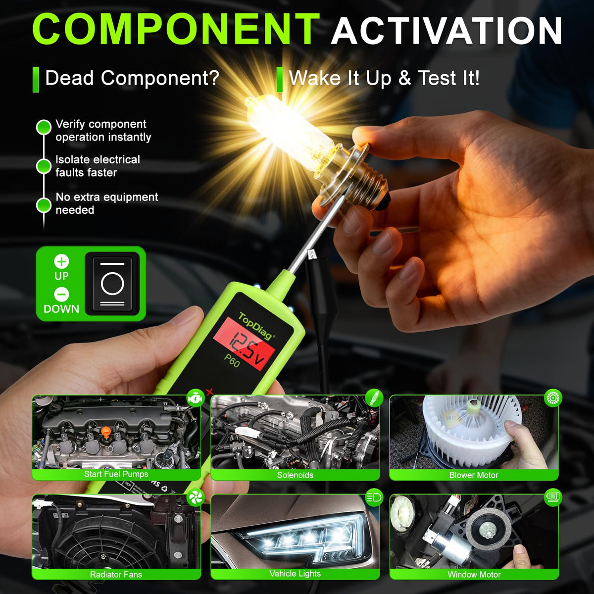 TopDiag P60 in-use with LED light on for enhanced visibility