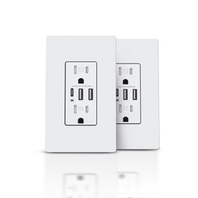 TOPELER 6.0A USB charger wall outlet front view with USB-C and USB-A ports for versatile charging.