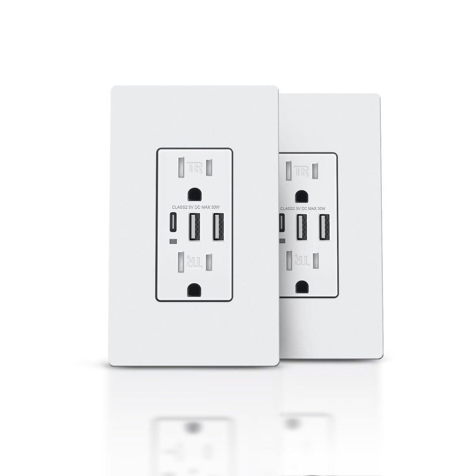 TOPELER 6.0A USB charger wall outlet front view with USB-C and USB-A ports for versatile charging.