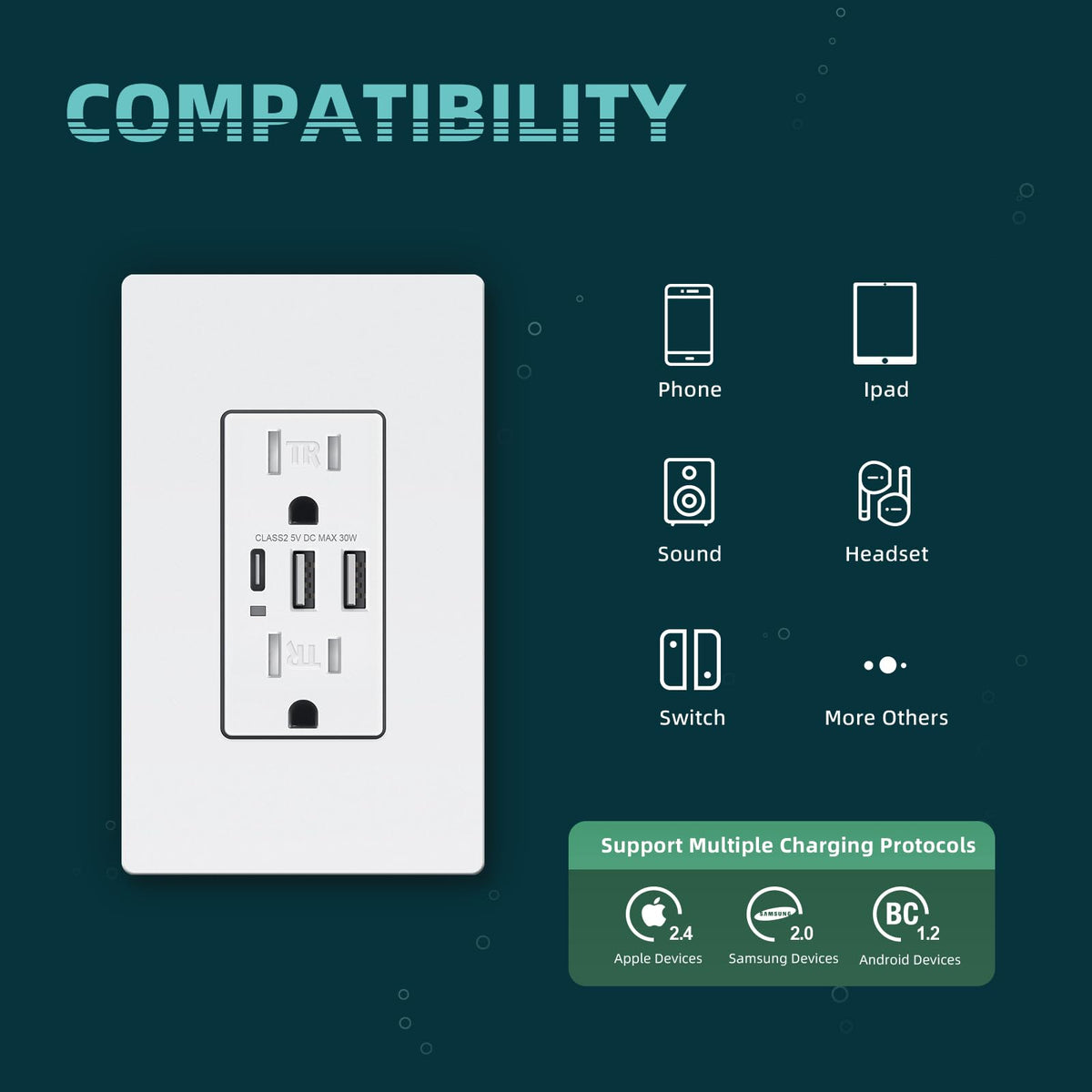 TOPELER tamper-resistant outlet with safety shutters in a home setting.