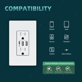 TOPELER tamper-resistant outlet with safety shutters in a home setting.