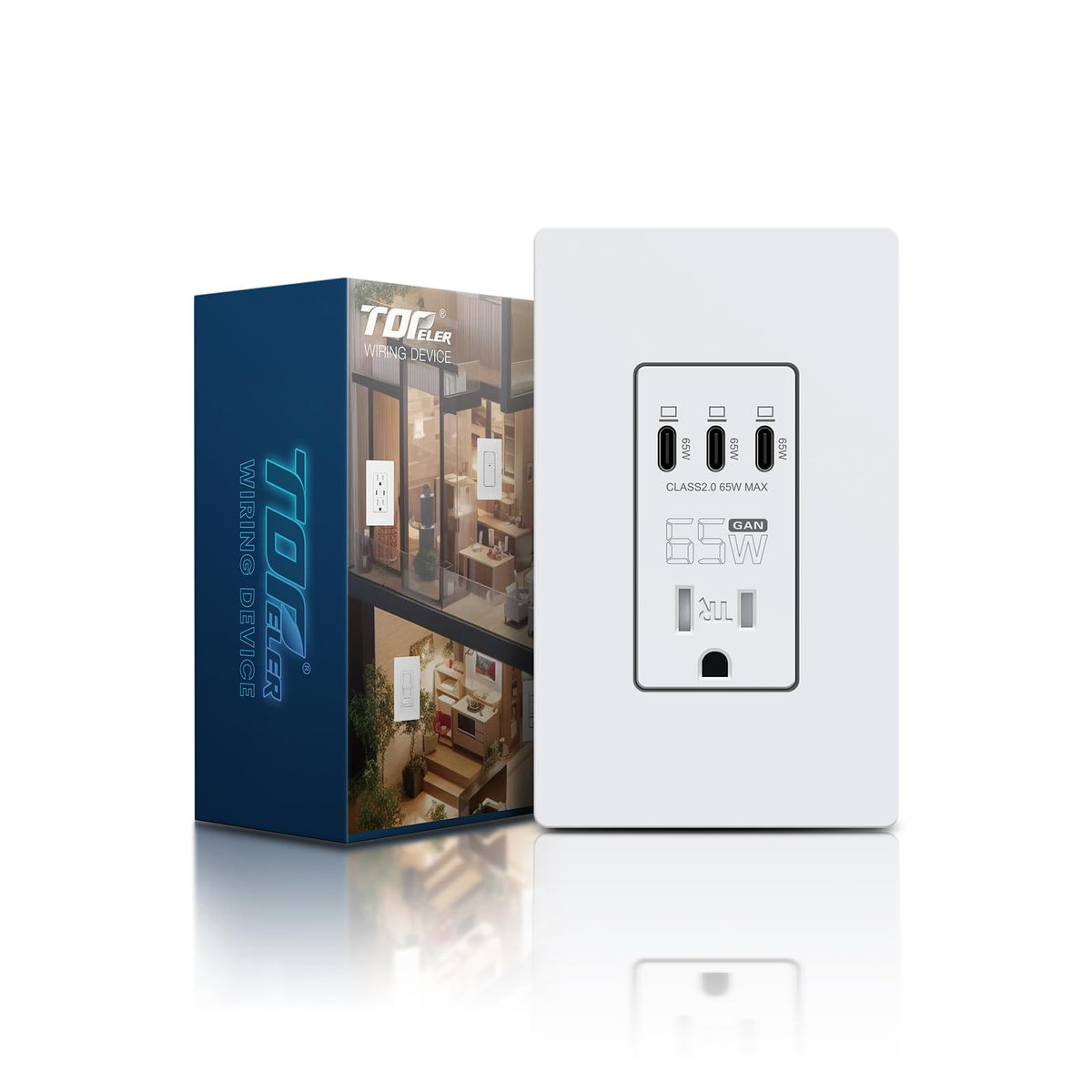 TOPELER USB-C wall outlet with 65W PD powers laptops and phones efficiently.